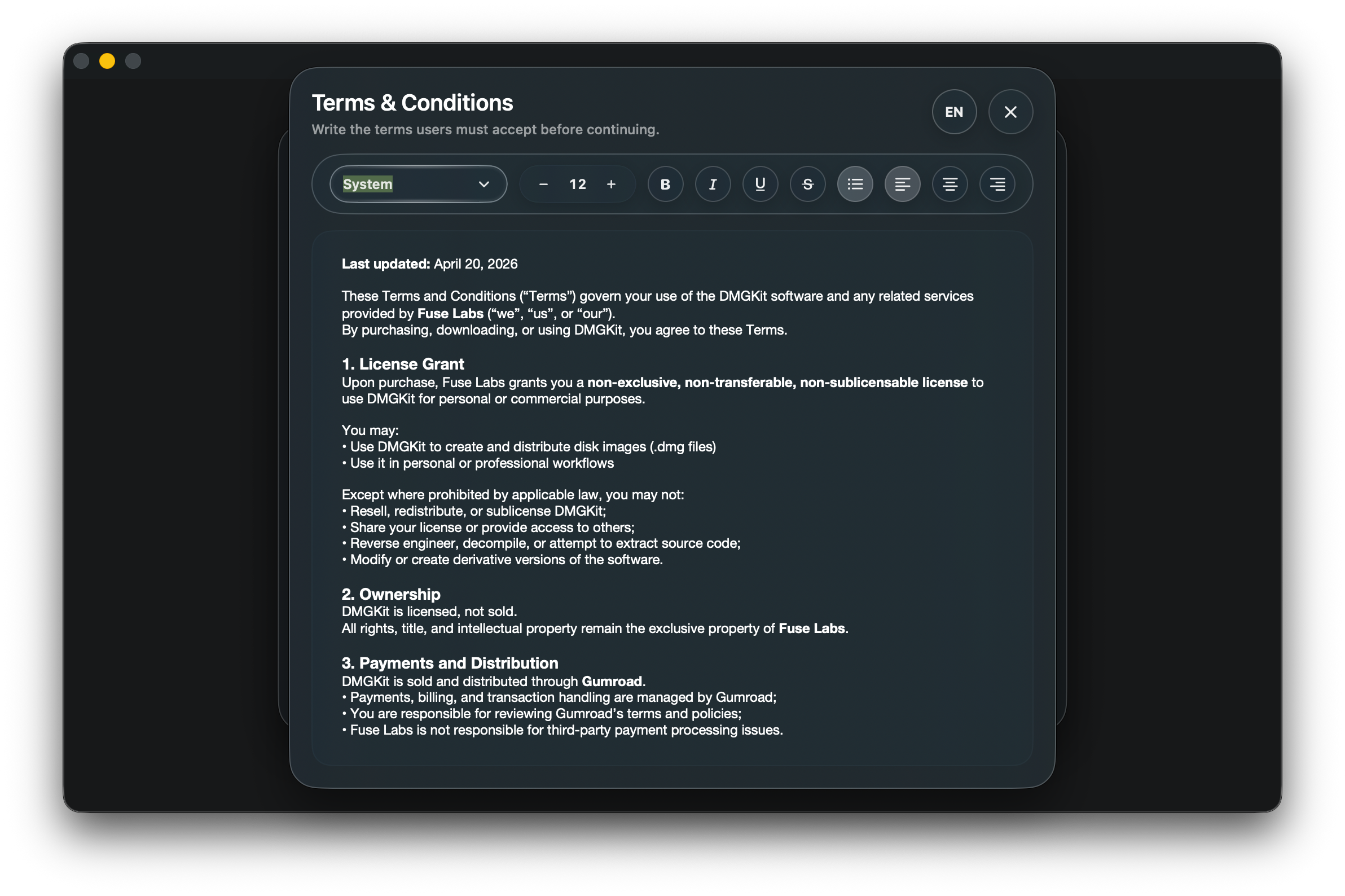 DMGKit legal document editor for Terms, Privacy Policy, and EULA